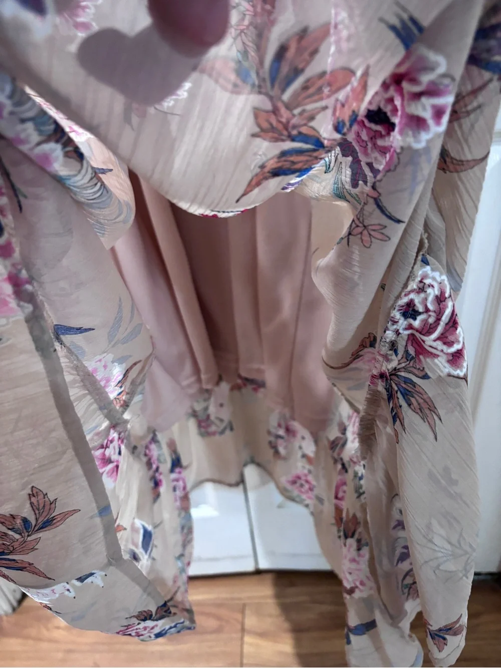 Just Found Floral Maxi Dress Sheer Chiffon Ruffle Hem Neutral Boho Pink Blue